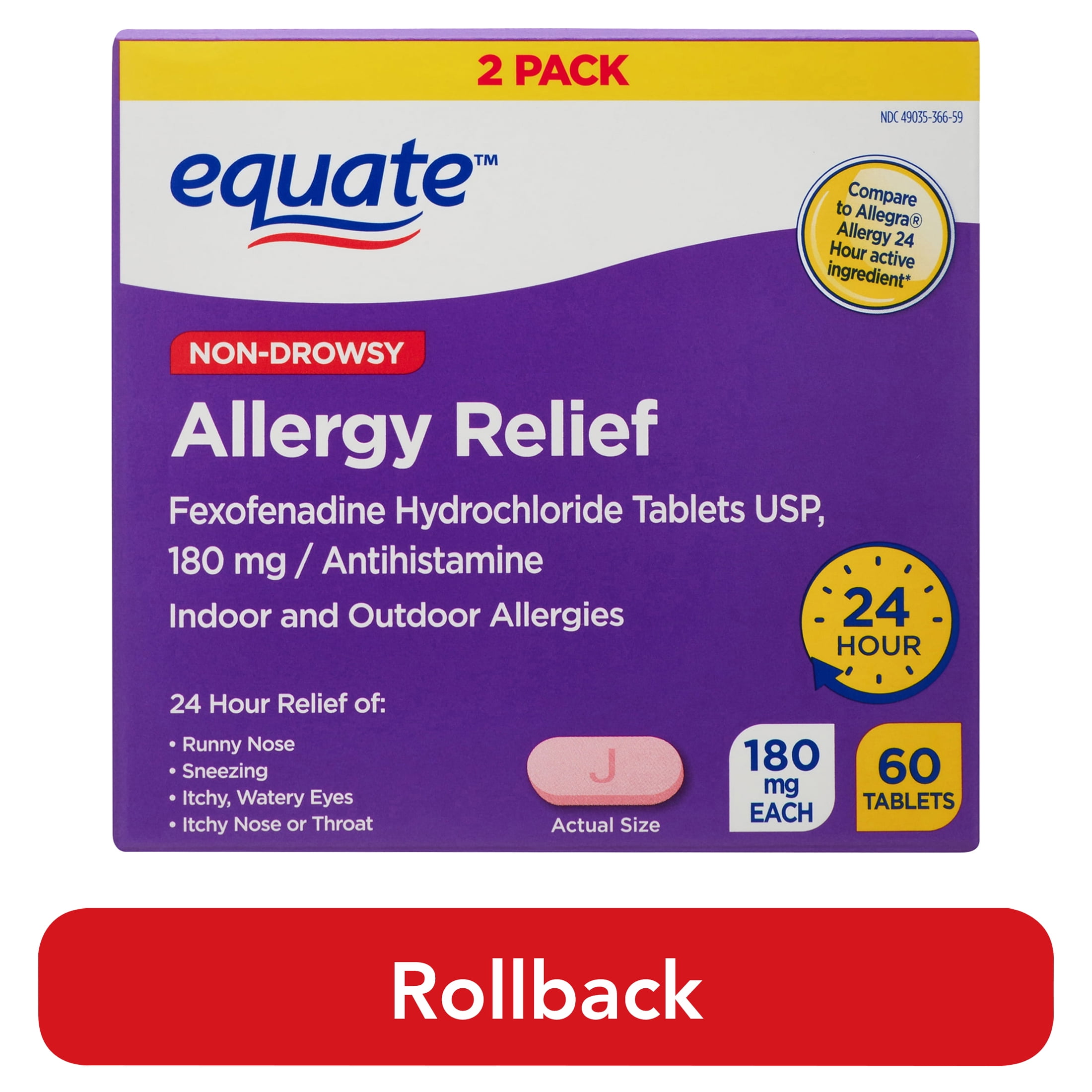 Equate Non-Drowsy Allergy Relief Tablets, 60 Tablets, 2 Count