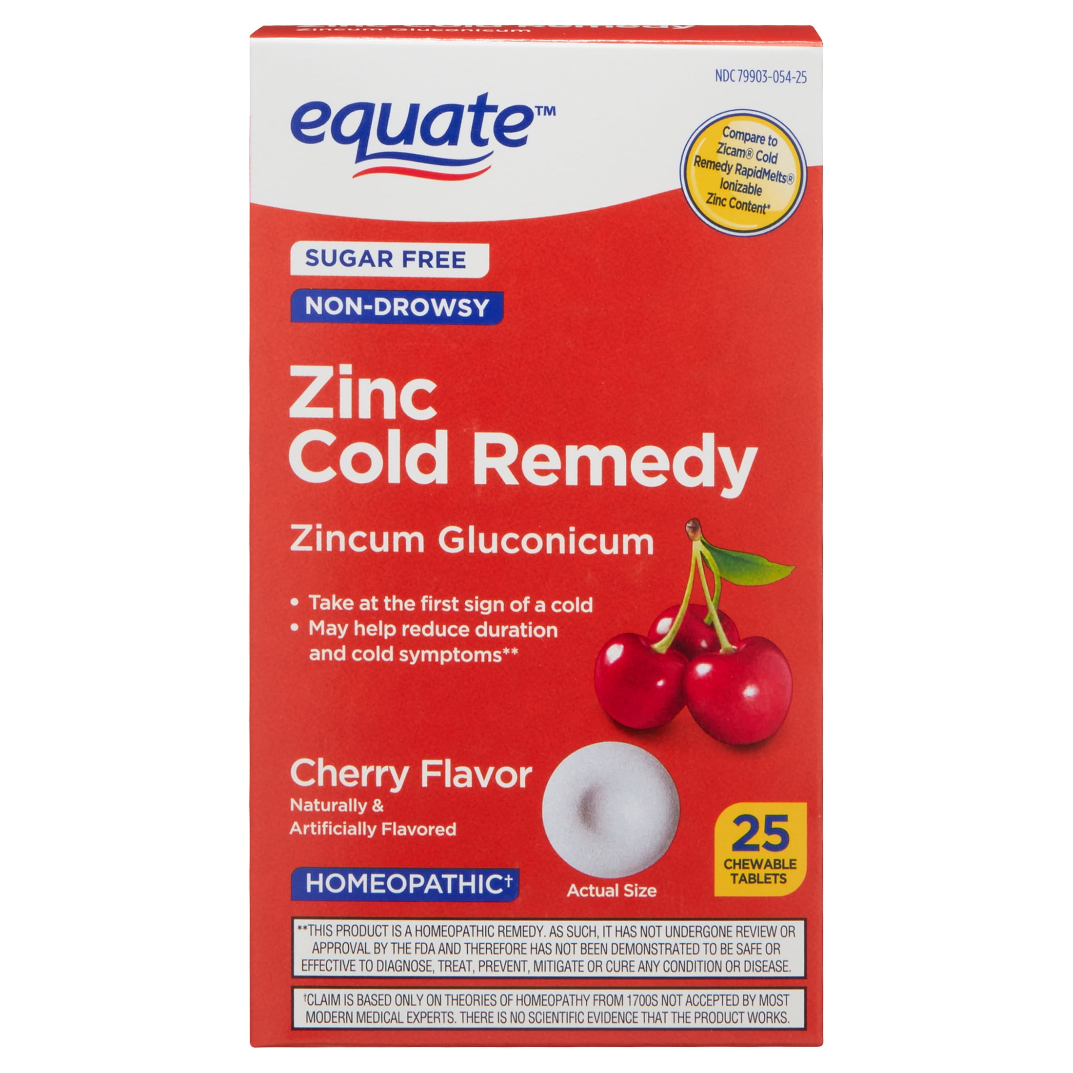 Equate Non-Drowsy Sugar Free Homeopathic Zinc Cold Remedy Chewable Tablets, Cherry Flavor, 25 Count, Compare to Zicam Cold Remedy RapidMelts Ionizible Zinc Content