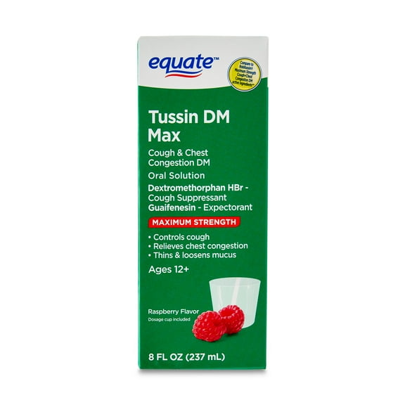 Equate Maximum Strength Non-Drowsy Tussin DM Max Cough and Chest Congestion Liquid, Raspberry Flavor, 8 fl oz, Compare to Robitussin Maximum Strength Cough + Chest Congestion DM Active Ingredients