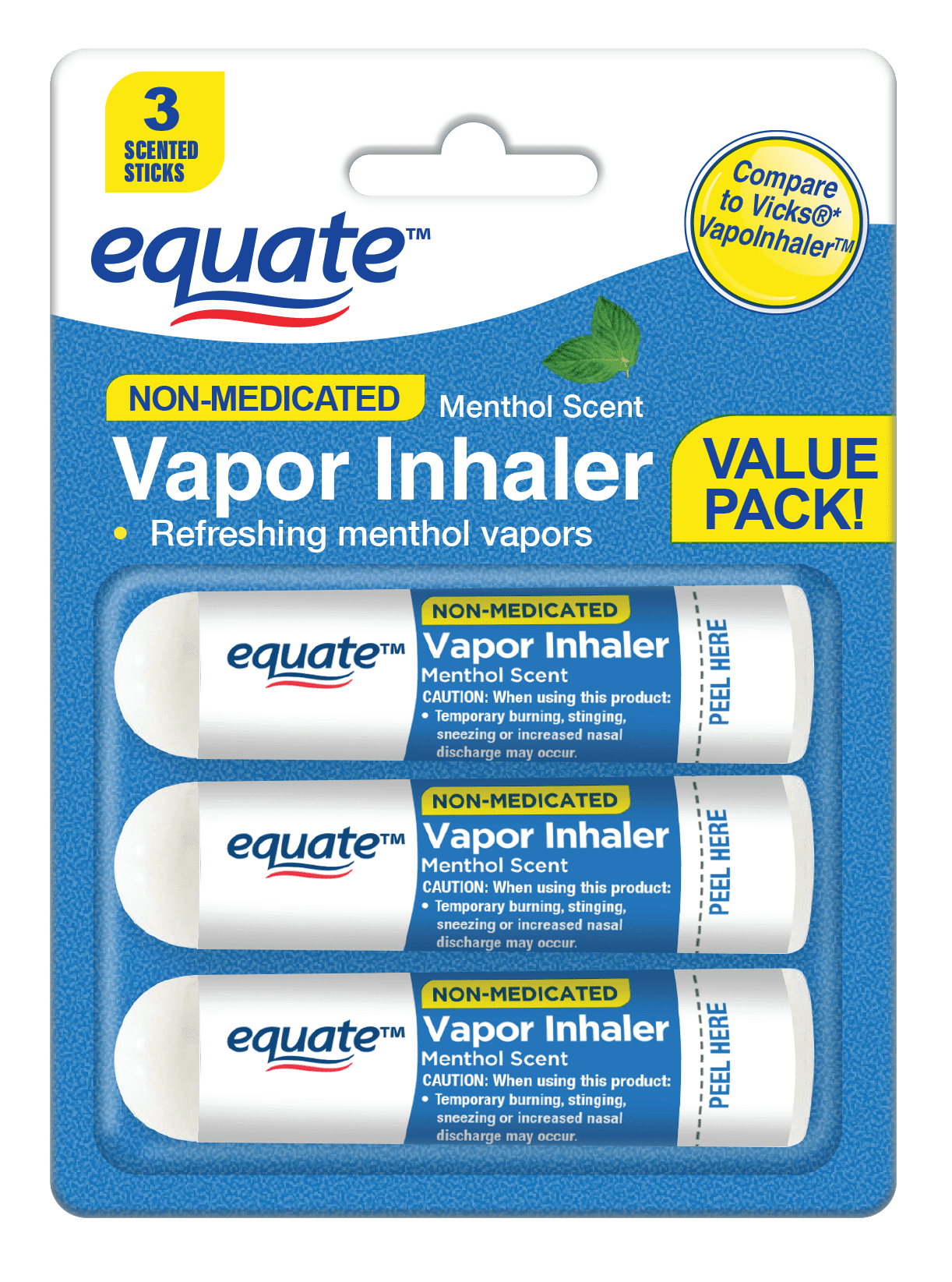 Equate Non-Medicated Vapor Inhaler Stick for Nasal Decongestion, Menthol  Scent - 3 Pack