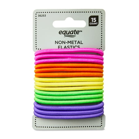 Equate Non-Metal Hair Elastics, Assorted Colors, for Ponytails, Braids, or Buns, Color May Vary, 15 Count