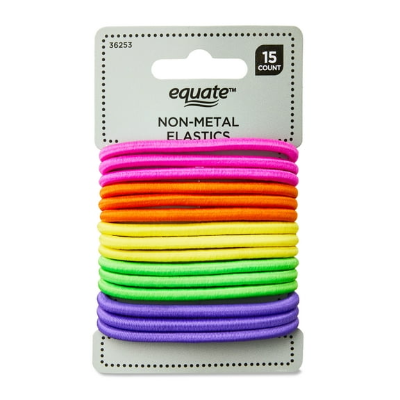 Equate Non-Metal Hair Elastics, Assorted Colors, for Ponytails, Braids, or Buns, Color May Vary, 15 Count
