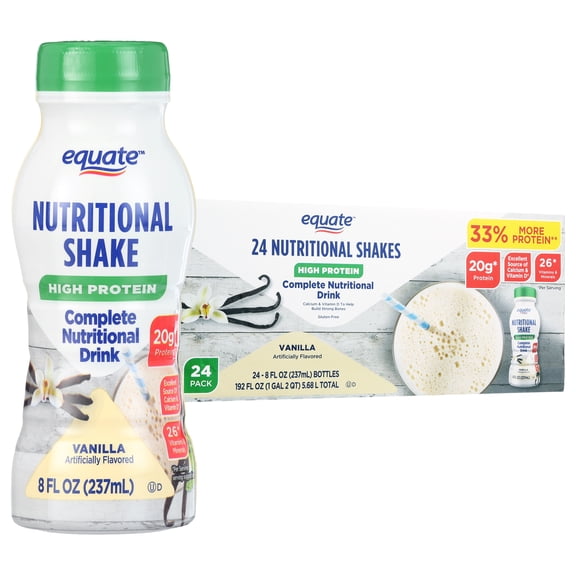 Equate Nutritional High Protein Shakes, Vanilla, 20g Protein, 26 Vitamins and Minerals, 24 Count