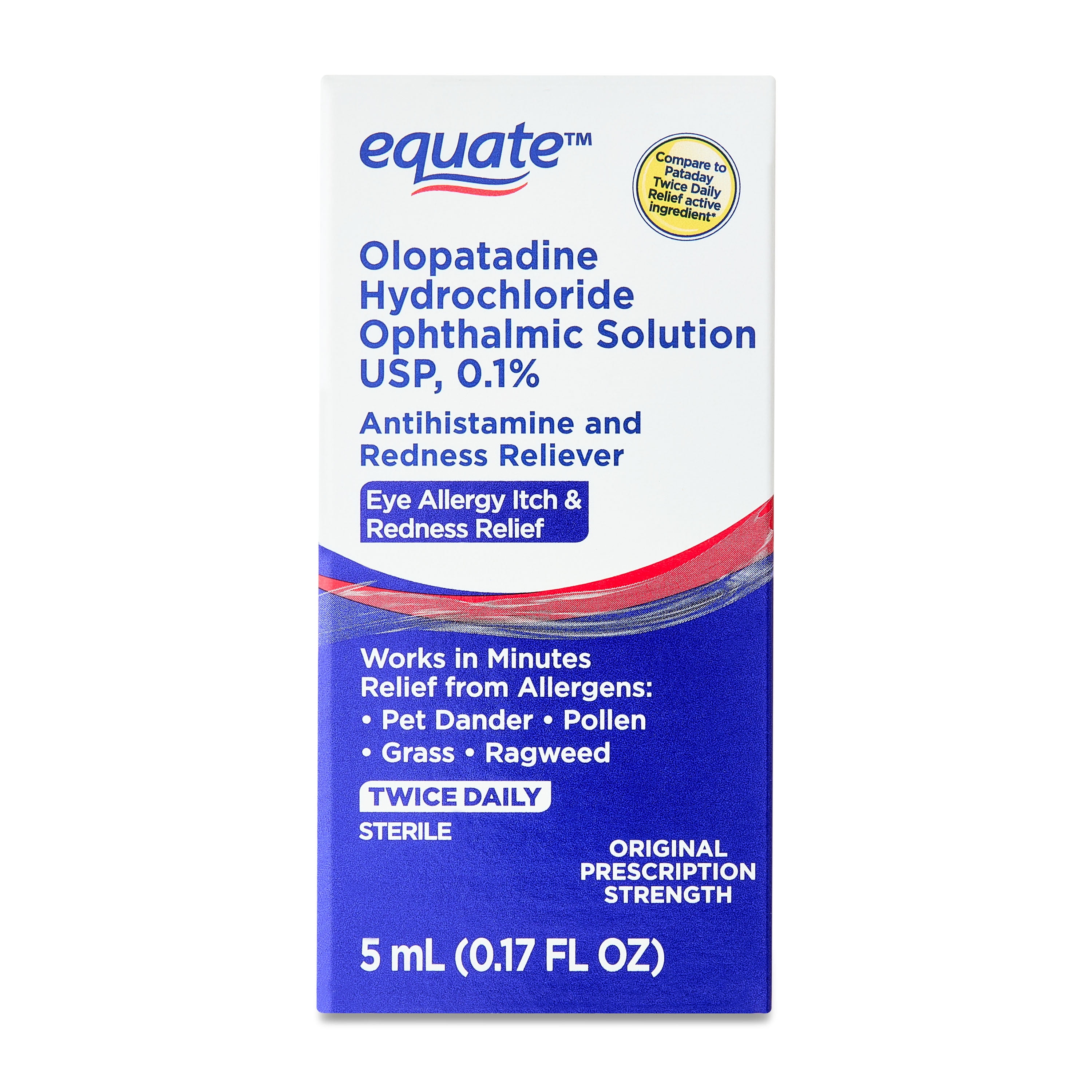 Equate Eye Itch Relief Antihistamine Eye Drops, Olopatadine HCL 0.1%, 5mL, Compare to Pataday Twice Daily Relief Active Ingredient