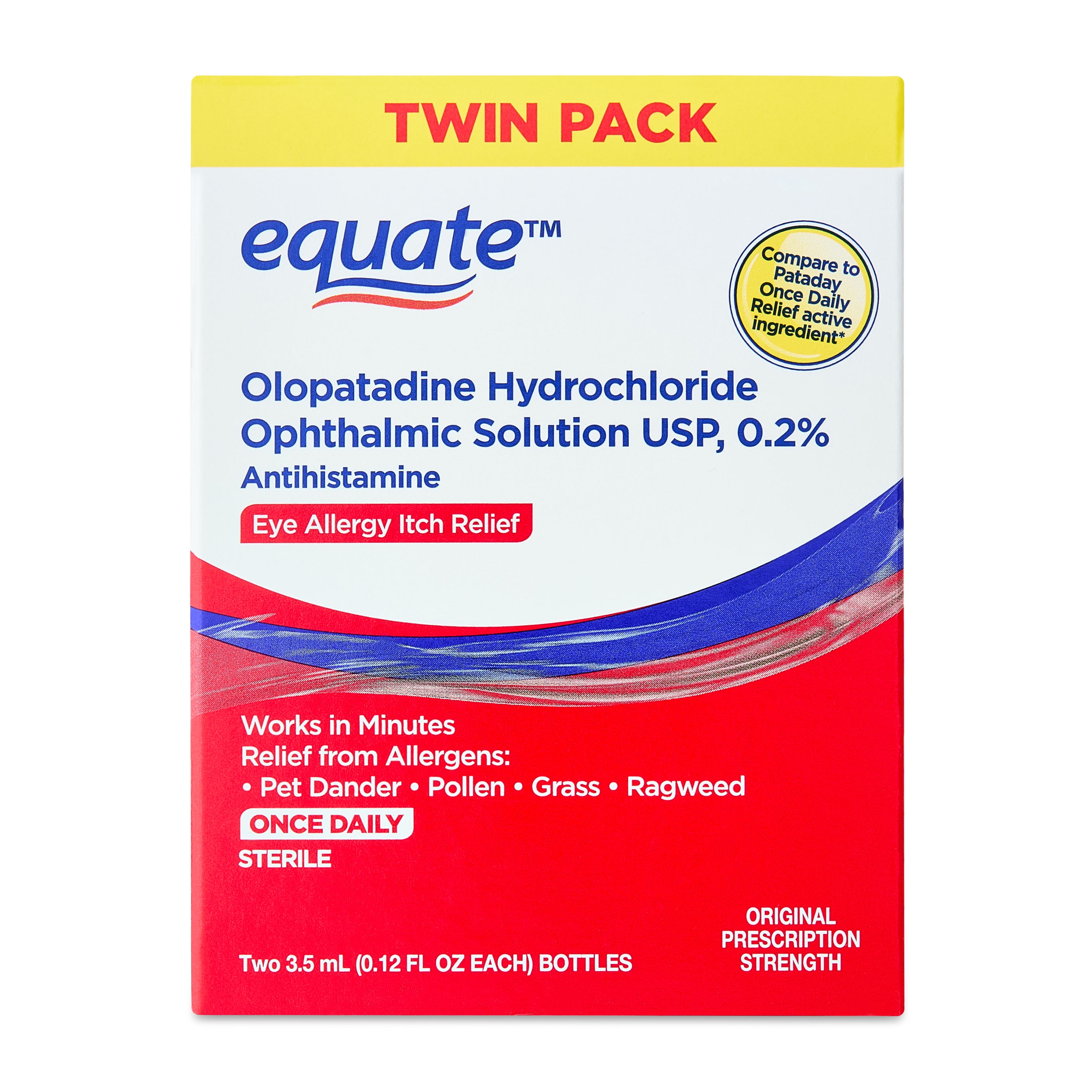 Equate Eye Itch Relief Antihistamine Eye Drops, Olopatadine HCL 0.2%, 3.5mL, 2 Count, Compare to Pataday Once Daily Relief Active Ingredient