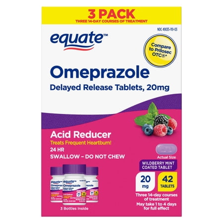 Equate Omeprazole Delayed Release Coated Tablets, 20 mg, Wildberry Mint, 14 Count, 3 Pack, Compare to Prilosec OTC