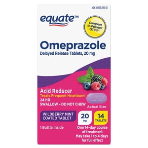 Equate Omeprazol Tabletas Recubiertas de Liberación Retardada 20 mg, Menta Silvestre, 14 unidades, Comparar con Prilosec OTC