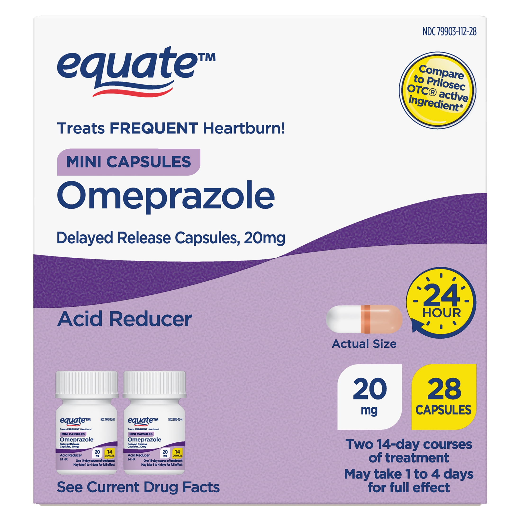 Equate Omeprazole Delayed Release Mini Capsules 20 mg, Frequent Heartburn Medicine, 28 Count