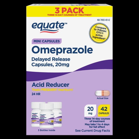 Equate Omeprazole Delayed Release Mini Capsules 20 mg, Frequent Heartburn Medicine, 42 Count, Compare to Prilosec OTC Active Ingredient