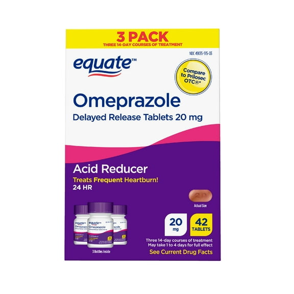 Equate Omeprazole Delayed Release Tablets 20 mg, Acid Reducer, Frequent Heartburn, 42 Count, Compare to Prilosec OTC