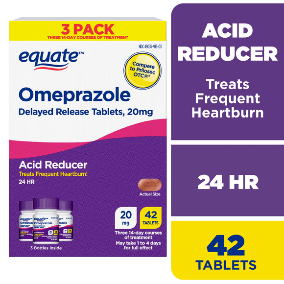 Equate Omeprazole 20mg Tablets Delayed Release, Acid Reducer for Frequent Heartburn, 42 Count, Compare to Prilosec OTC