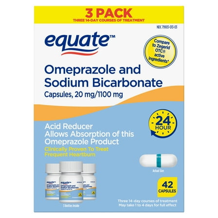 Equate Omeprazole and Sodium Bicarbonate Capsules 20 mg/1100 mg, Acid Reducer, 42 Count, Compare to Zegerid OTC Active Ingredient