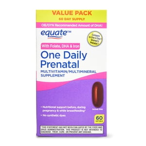 Equate Multivitamínico Prenatal Diario de Un Solo Día, Suplemento Multivitamínico/Multimineral, Paquete Económico, 60 Unidades, Comparar con One A Day® Women's Prenatal 1