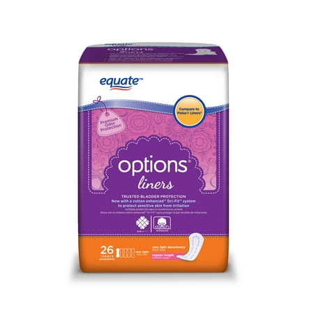 Equate Options Incontinence Liners for Women, Very Light, Regular, 26 Ct