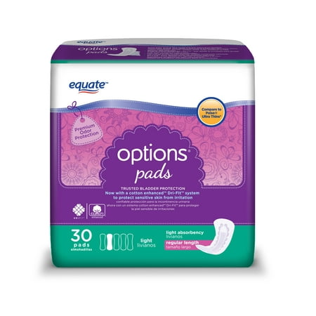 Equate Options Incontinence Pads for Women, Light, Regular, 30 Count