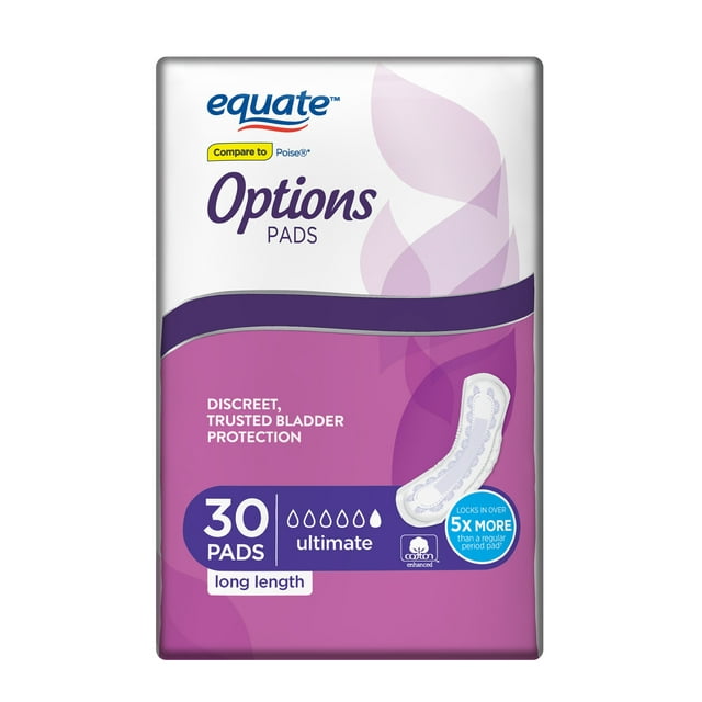 Equate Options Incontinence Pads for Women, Ultimate, Long, 30 Count ...