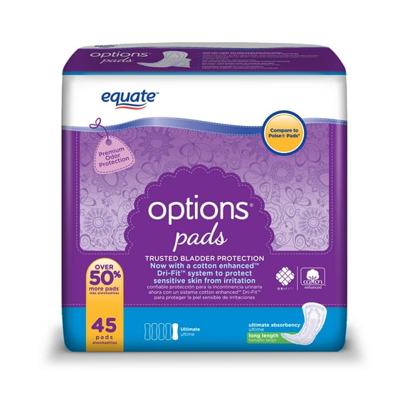 Equate Options Incontinence Pads for Women, Ultimate, Long, 45 Ct