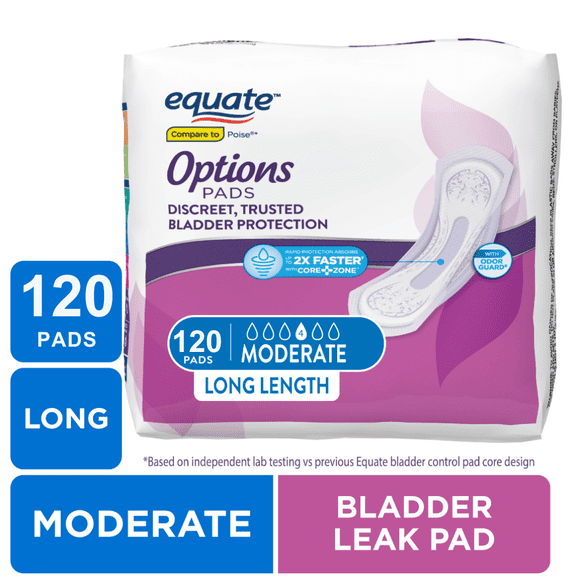 Equate Options Women's Incontinence Pads, Moderate Absorbency, Long Length (120 Count), Compare to Poise