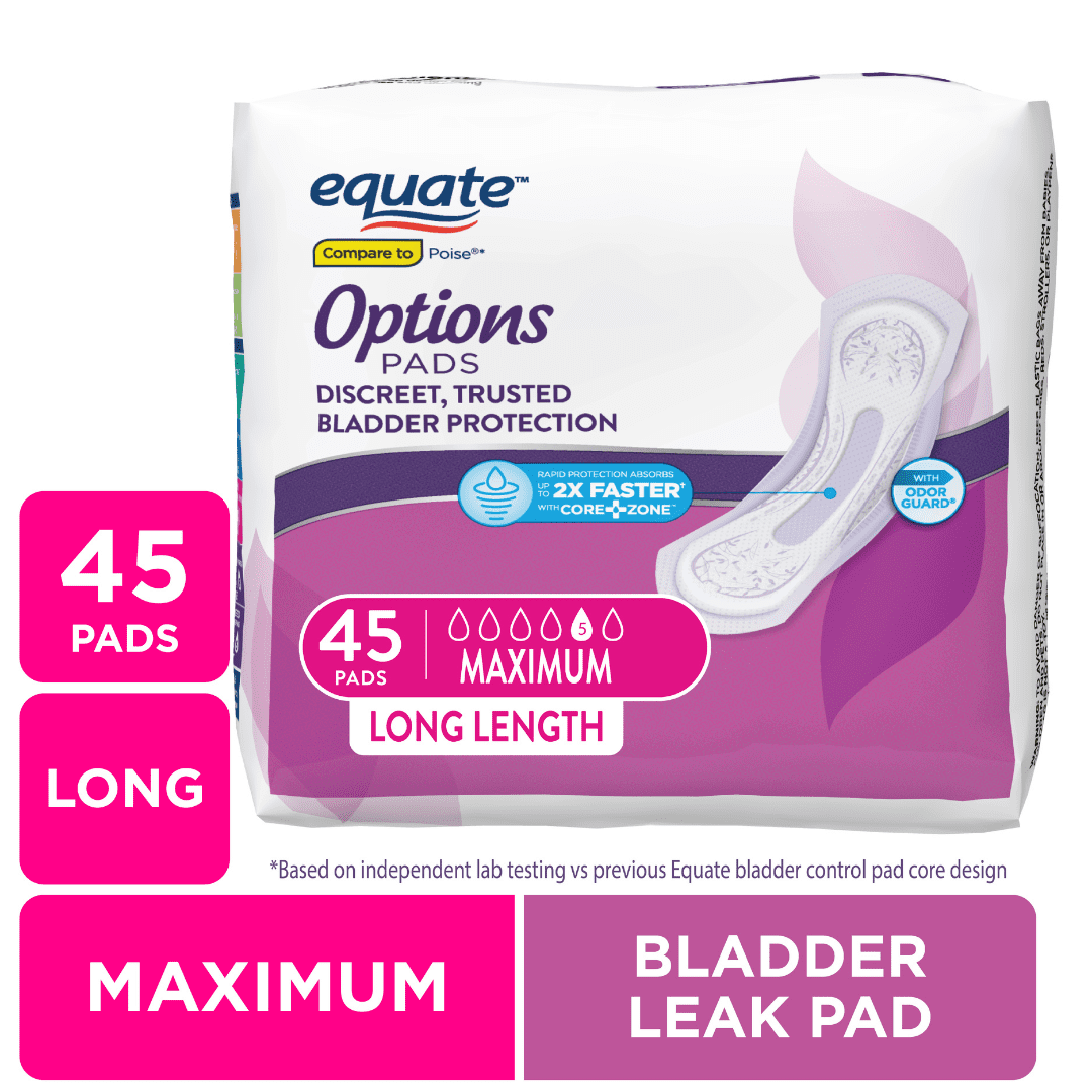 Equate Options Women's Incontinence Pads, Maximum Absorbency, Long Length (45 Count), Compare to Poise