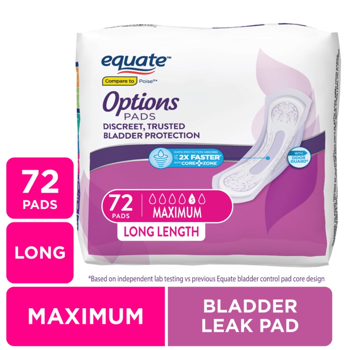 Equate Options Women's Incontinence Pads, Maximum Absorbency, Long Length (72 Count), Compare to Poise
