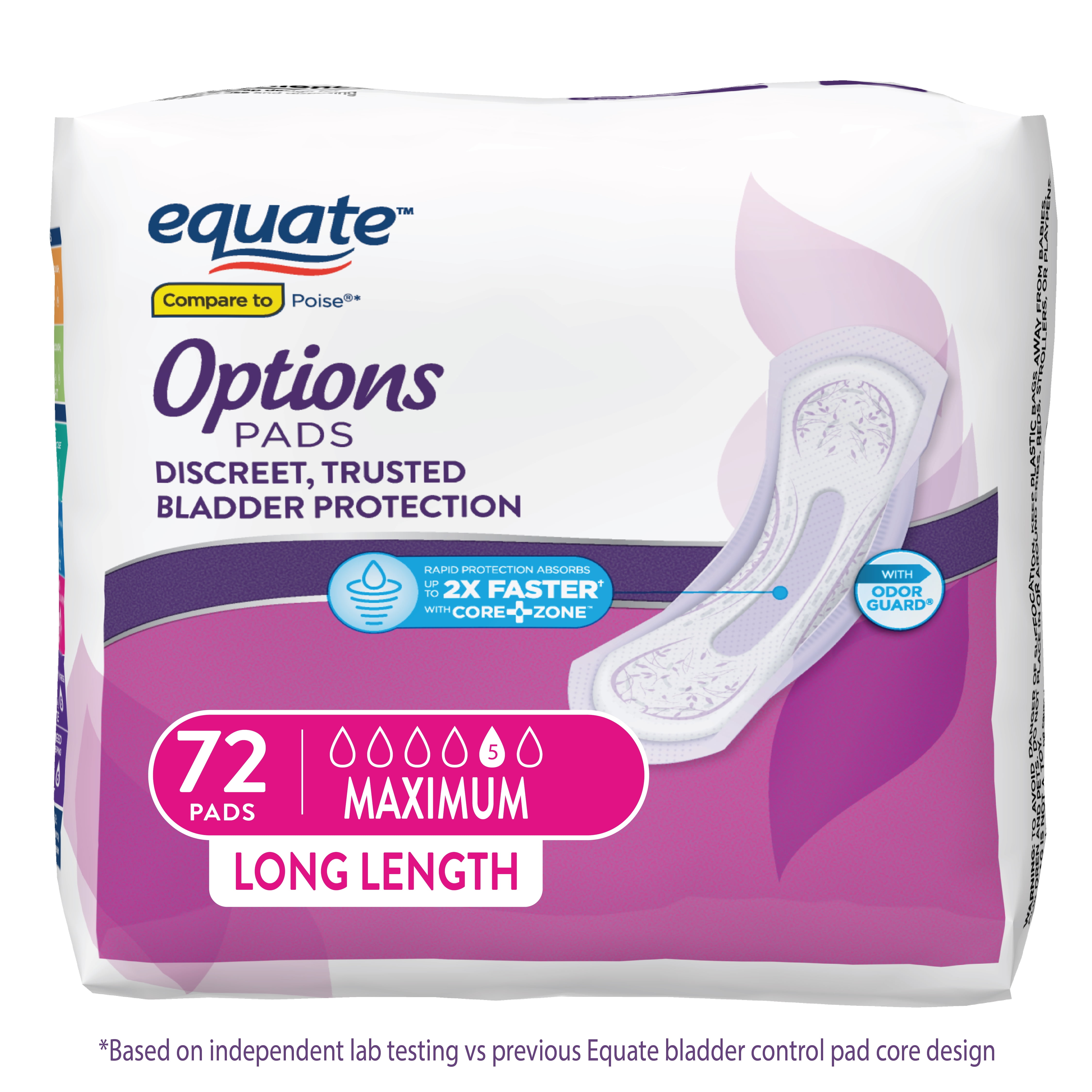 Equate Options Women's Incontinence Pads, Maximum Absorbency, Long Length (72 Count)