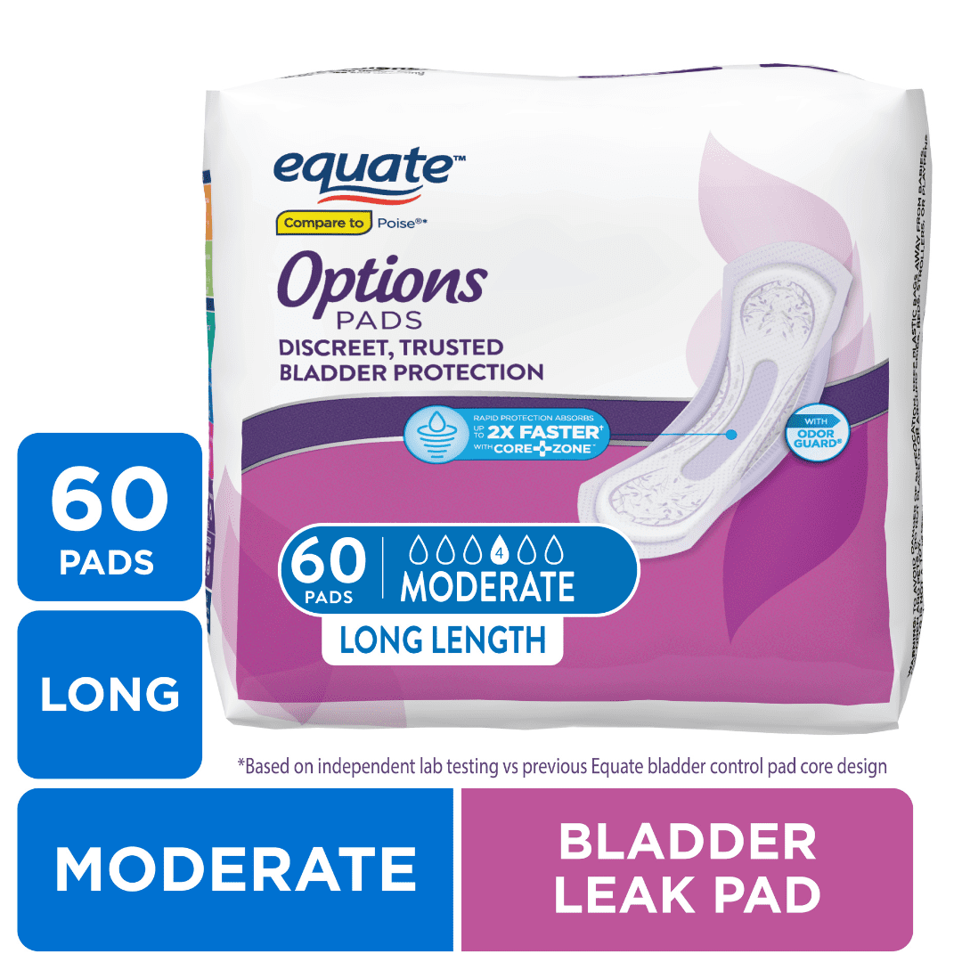 Equate Options Women's Incontinence Pads, Moderate Absorbency, Long Length (60 Count), Compare to Poise
