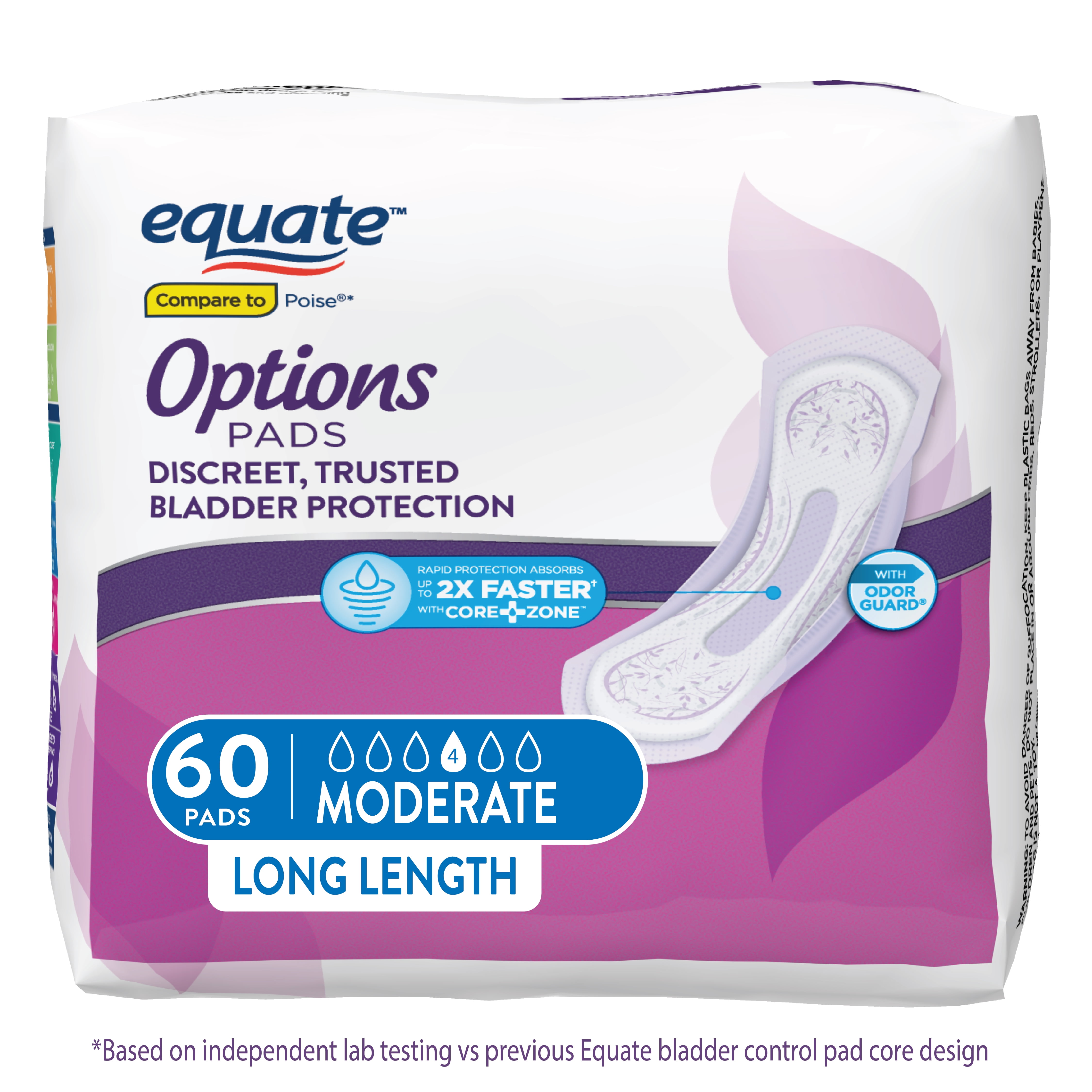 Equate Options Women's Incontinence Pads, Moderate Absorbency, Long Length (60 Count)