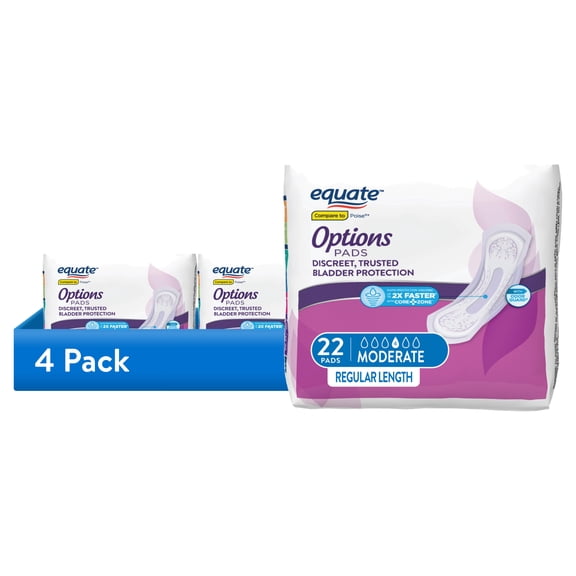 (4 pack) Equate Options Women's Incontinence Pads, Moderate Absorbency, Regular Length, 22 Count