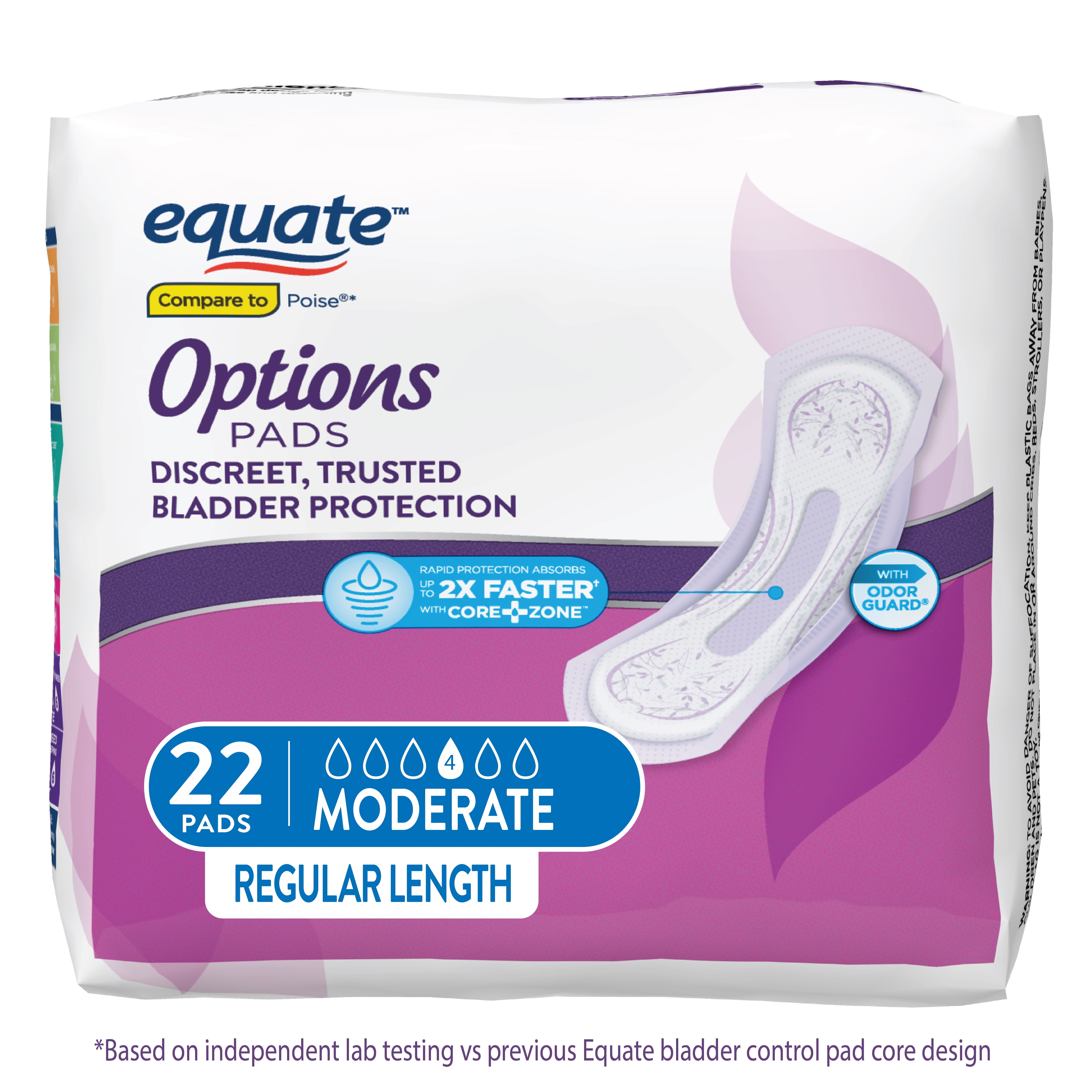 Equate Options Women's Incontinence Pads, Moderate Absorbency, Regular Length (22 Count)