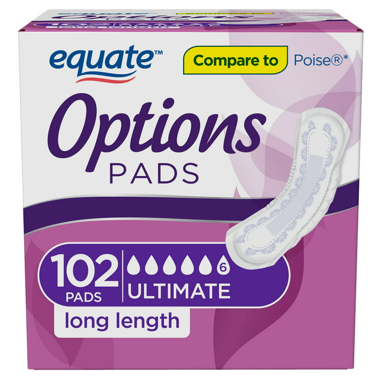 Equate Options Women's Incontinence Pads, Ultimate Absorbency, Long Length  (102 Count) 