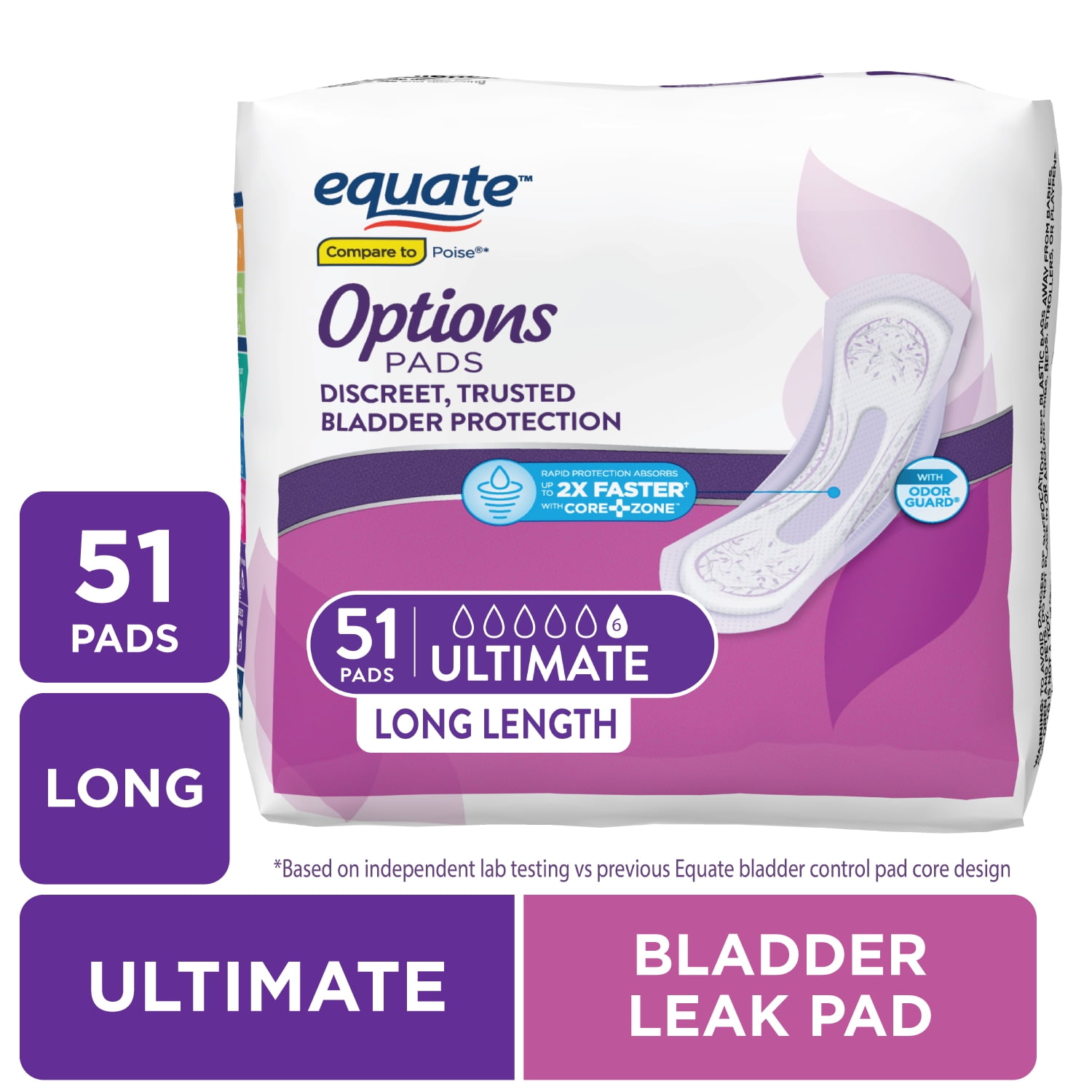 Equate Options Women's Incontinence Pads, Ultimate Absorbency, Long Length (51 Count), Compare to Poise