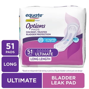Equate Options Toallas para Incontinencia Femenina, Absorbencia Máxima, Largo, 51 unidades