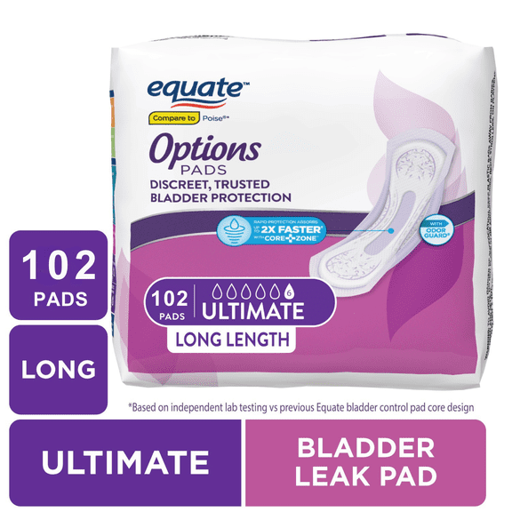 Equate Options Women's Incontinence Pads, Ultimate Absorbency, Unscented, Long Length (102 Count)
