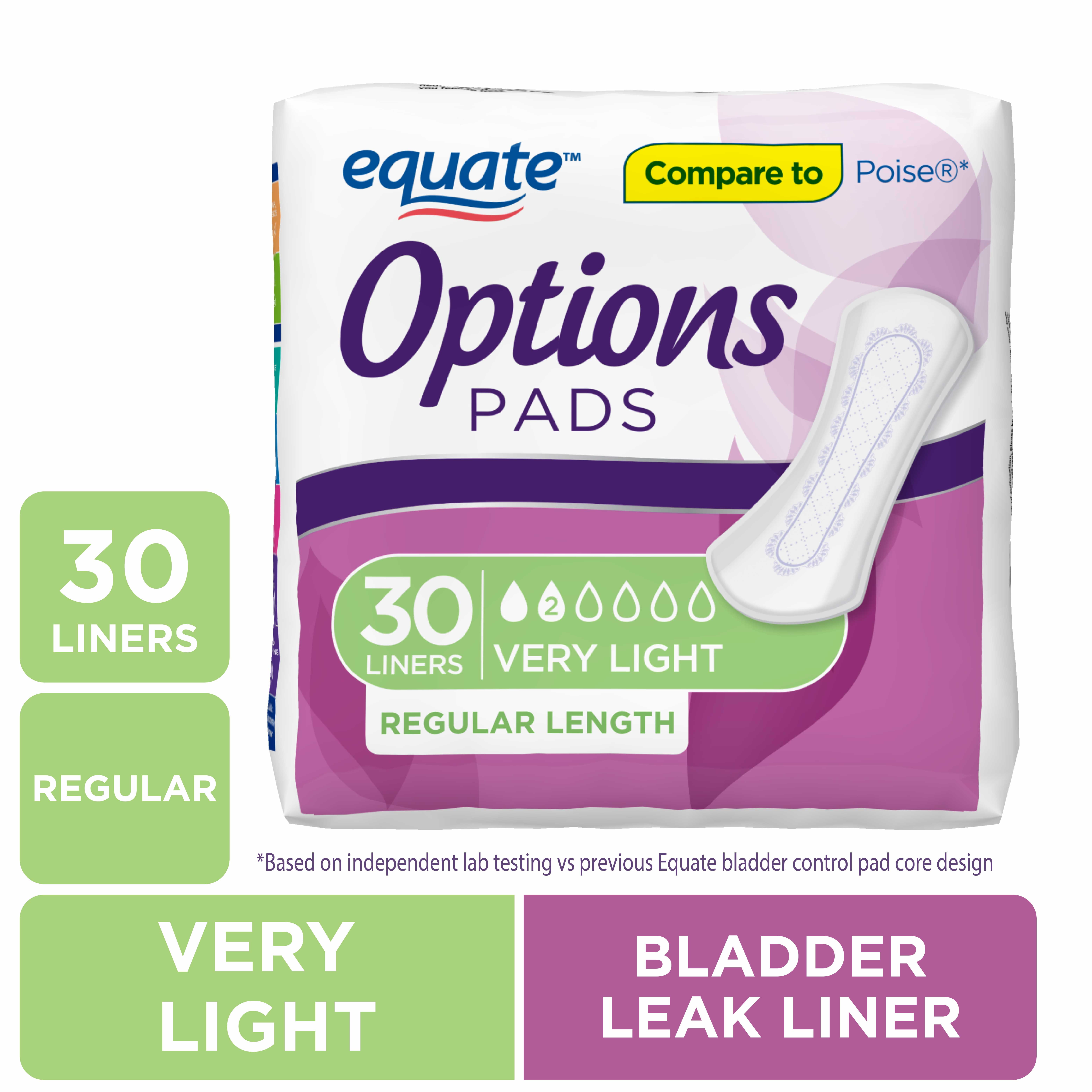 Equate Options Women's Incontinence Pads, Very Light, Regular Length (30 Count), Compare to Poise