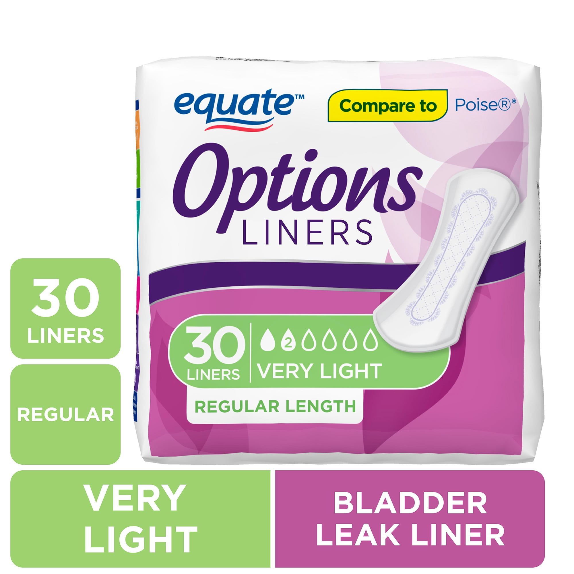 Equate Options Women's Incontinence Regular Length Pads, Very Light Absorbency, 30 Count