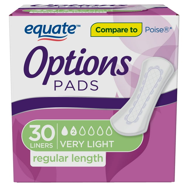 Equate Options Women's Incontinence Pads, Very Light Absorbency, Regular Length (30 Count), Compare to Poise®
