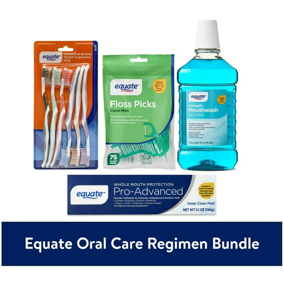 Equate Oral Care Regimen Pack with Manual Soft Toothbrush, Pro-Advanced Toothpaste, Antiseptic Mouthwash, and Floss Picks