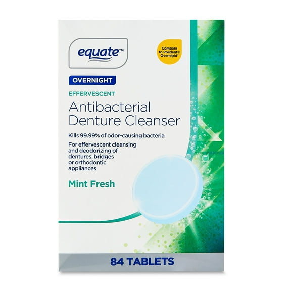 Equate Overnight Effervescent Antibacterial Denture Cleanser Tablets, Mint Fresh, 84 Count, Compare to Polident® Overnight