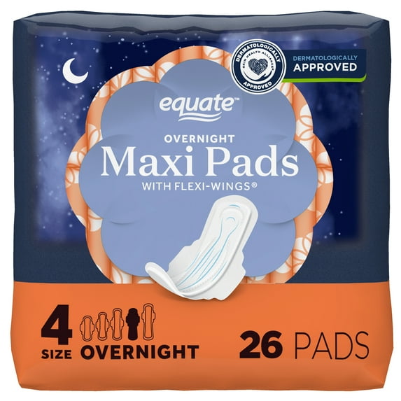 Equate Maxi Pads with Wings, Size 4, Overnight Absorbency, Compare to Always® (26 Count)