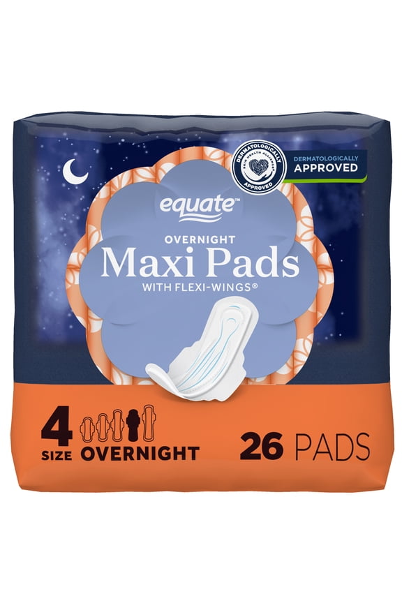 Overnight Maxi Pads with Flexi-Wings, Overnight Absorbency, Size 4, 26 Count