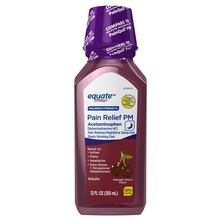 Equate Pain Relief PM Liquid Acetaminophen, Midnight Cherry Flavor, Nighttime Pain Reliever + Sleep Aid, 12 OZ