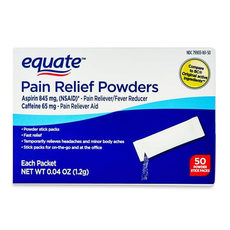 Equate Pain Relief Powder Stick Packets, Aspirin and Caffeine, 845 mg/65 mg, 50 Count, Compare to BC® Original Active Ingredients