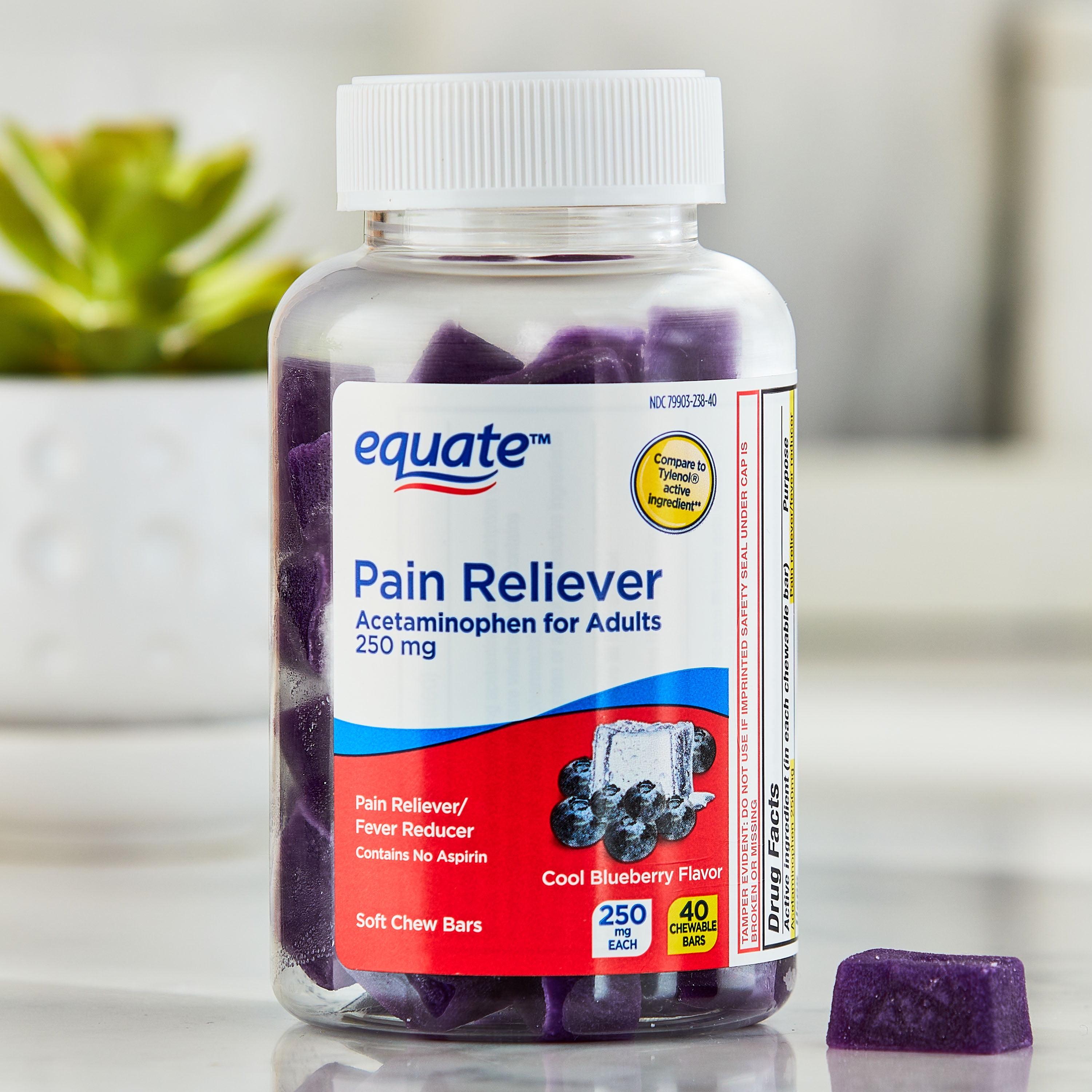 Equate Pain Reliever Acetaminophen Soft Chew Bars, 250 mg, Cool Blueberry Flavor, 40 Count, Compare to Tylenol Active Ingredient