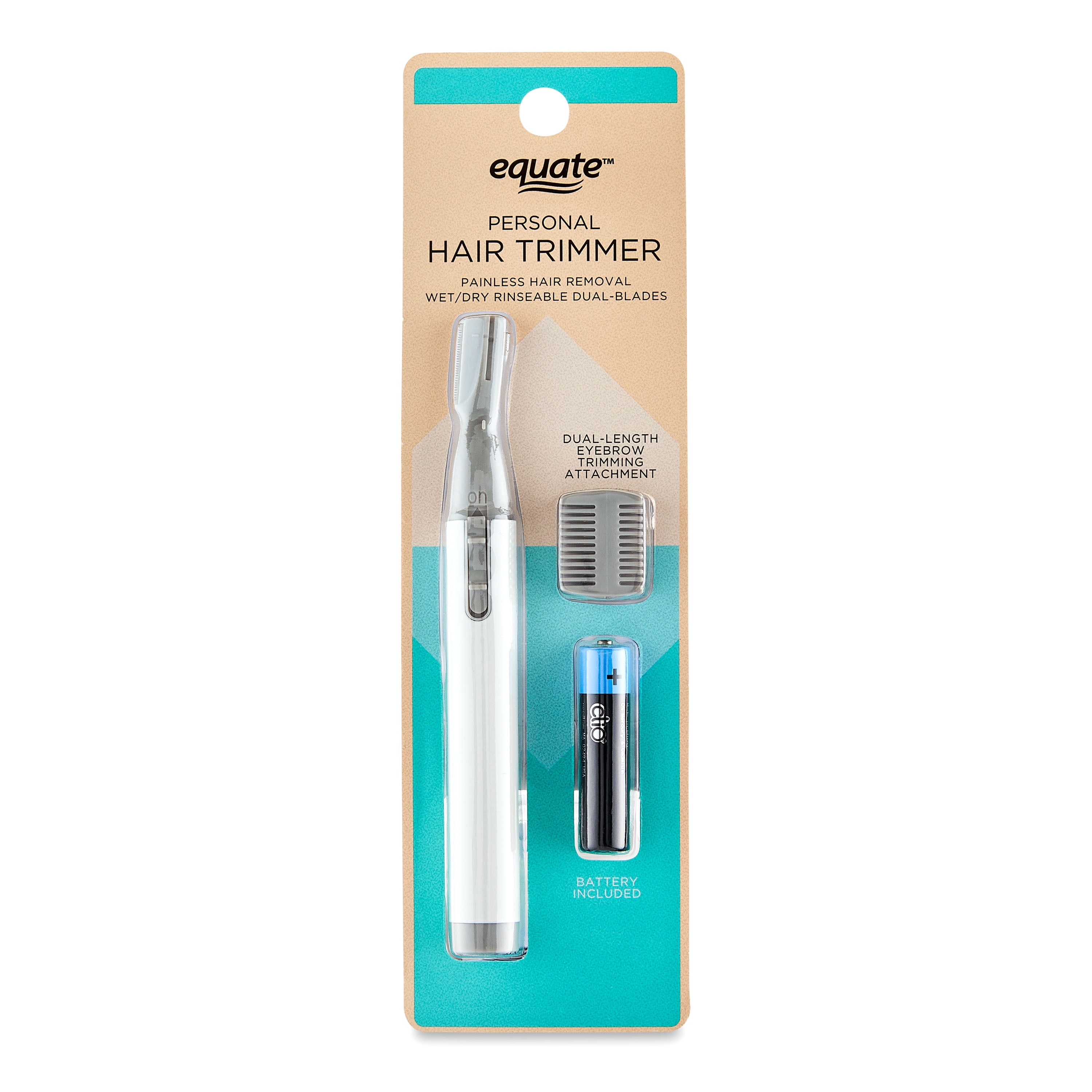 Equate Electric Eyebrow & Personal Hair Trimmer with Eyebrow Guide for Painless Hair Removal, Wet or Dry, Battery Included, White
