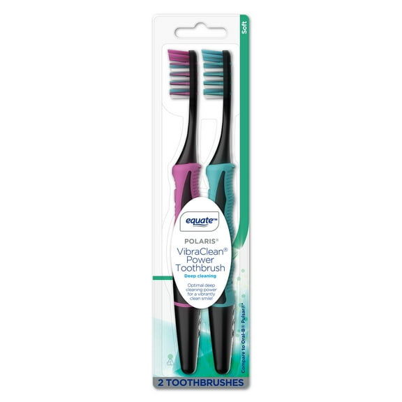 Equate Polaris Deep Cleaning VibraClean Vibrating Toothbrush, Soft Bristles, 2 Count