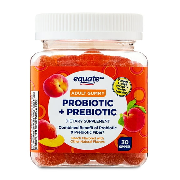 Equate Probiotic + Prebiotic Dietary Supplement for Adults, Peach, 30 Gummies, Compare to Olly Prebiotic + Probiotic Gummies