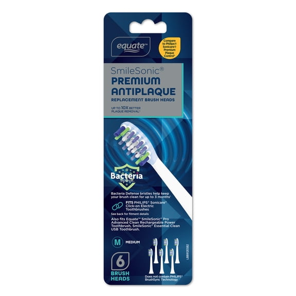 Equate SmileSonic Premium Antiplaque Replacement Brush Heads with Antibacterial Bristles, Medium, 6 Count