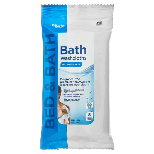 Equate Premium Heavyweight Bath Cleansing Washcloths, White bath washcloths are fragrance-free, 8 count