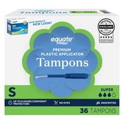 Equate Premium Plastic Applicator Tampons, Super Absorbency, Unscented, 36 Count