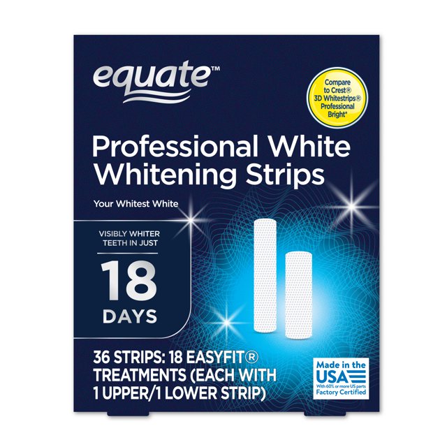 Equate Professional White 18 Day Whitening Strips, Enamel Safe, 36